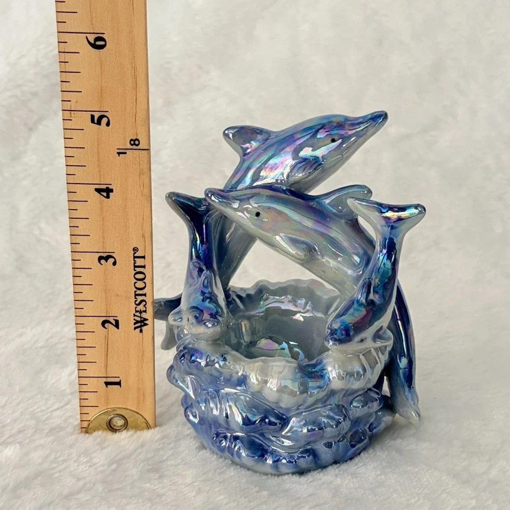 Iridescent Blue Ceramic Dolphin Family Statue Nautical Beach House Decor Vintage